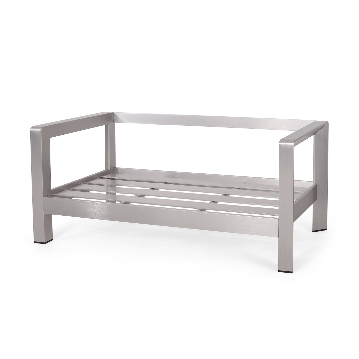 Kenia Outdoor 4-Seater Aluminum Chat Set with Tempered Glass-Topped Coffee Table, Silver and Gray