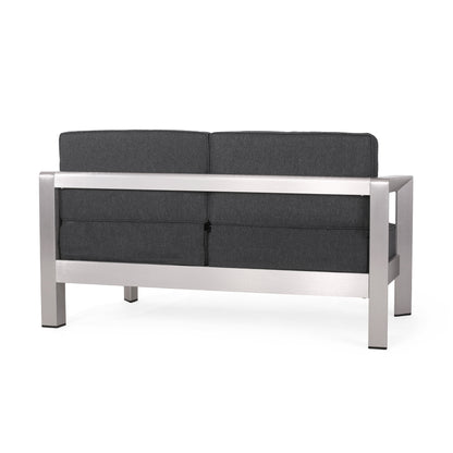 Kenia Outdoor 4-Seater Aluminum Chat Set with Tempered Glass-Topped Coffee Table, Silver and Gray