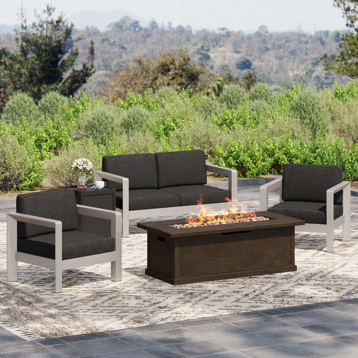 Kenny Outdoor 4-Seater Aluminum Chat Set with Fire Pit and Tank Holder