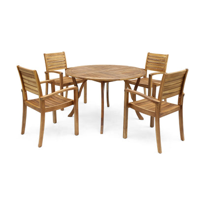 Payne Outdoor Rustic 5 Piece Round Acacia Wood Dining Set with Slats