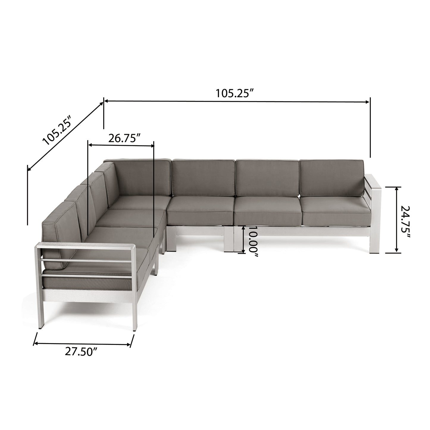 Emily Coral Outdoor 7-Seater Aluminum Sectional Sofa Set, Silver and Khaki