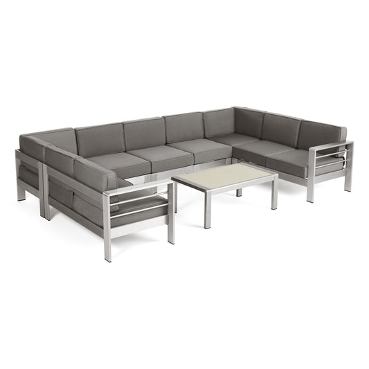 Emily Coral Outdoor 9-Seater Aluminum Sectional Sofa Set with Coffee Table, Silver and Khaki