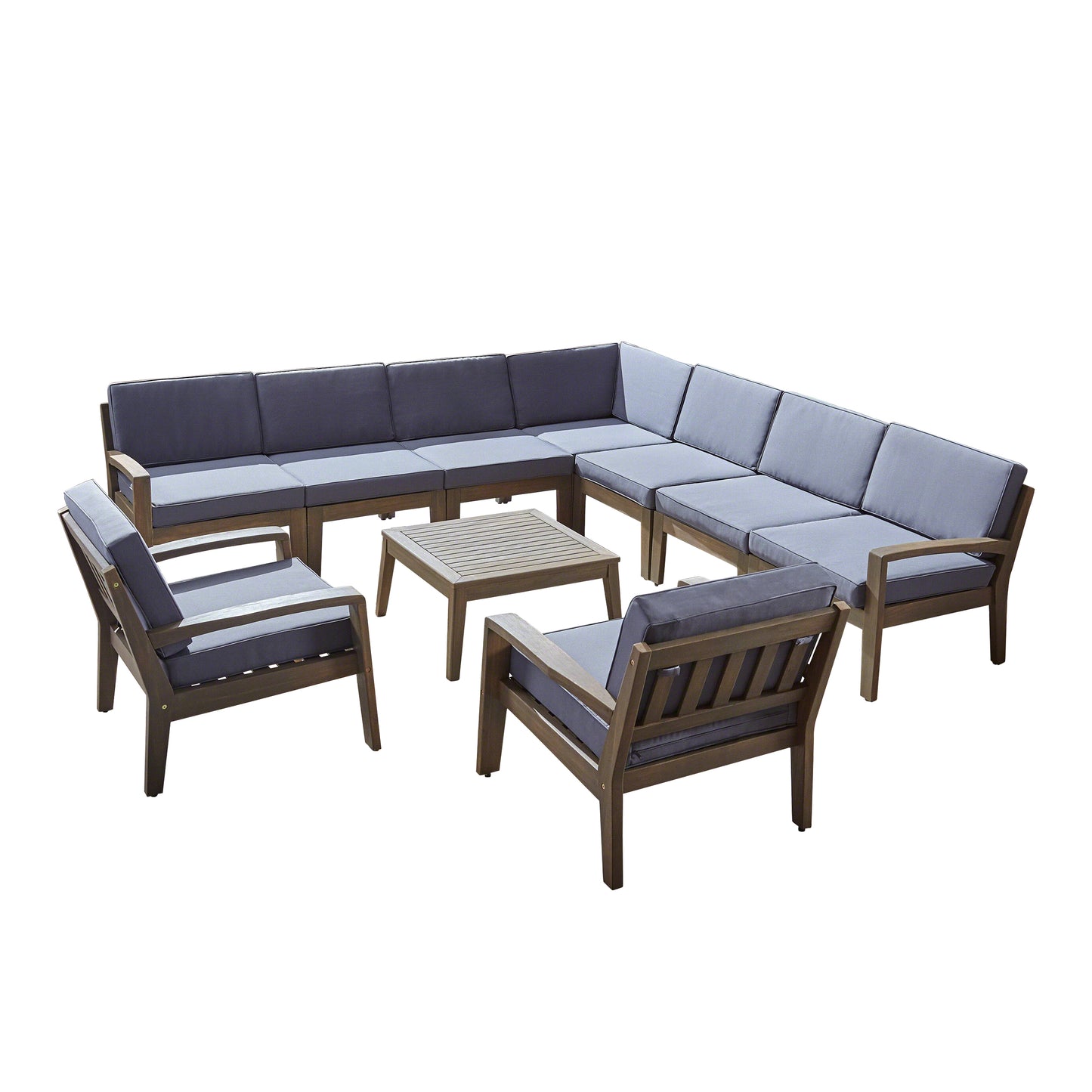 Madeline Outdoor Acacia Wood 9 Seater Sectional Sofa and Club Chair Set with Coffee Table