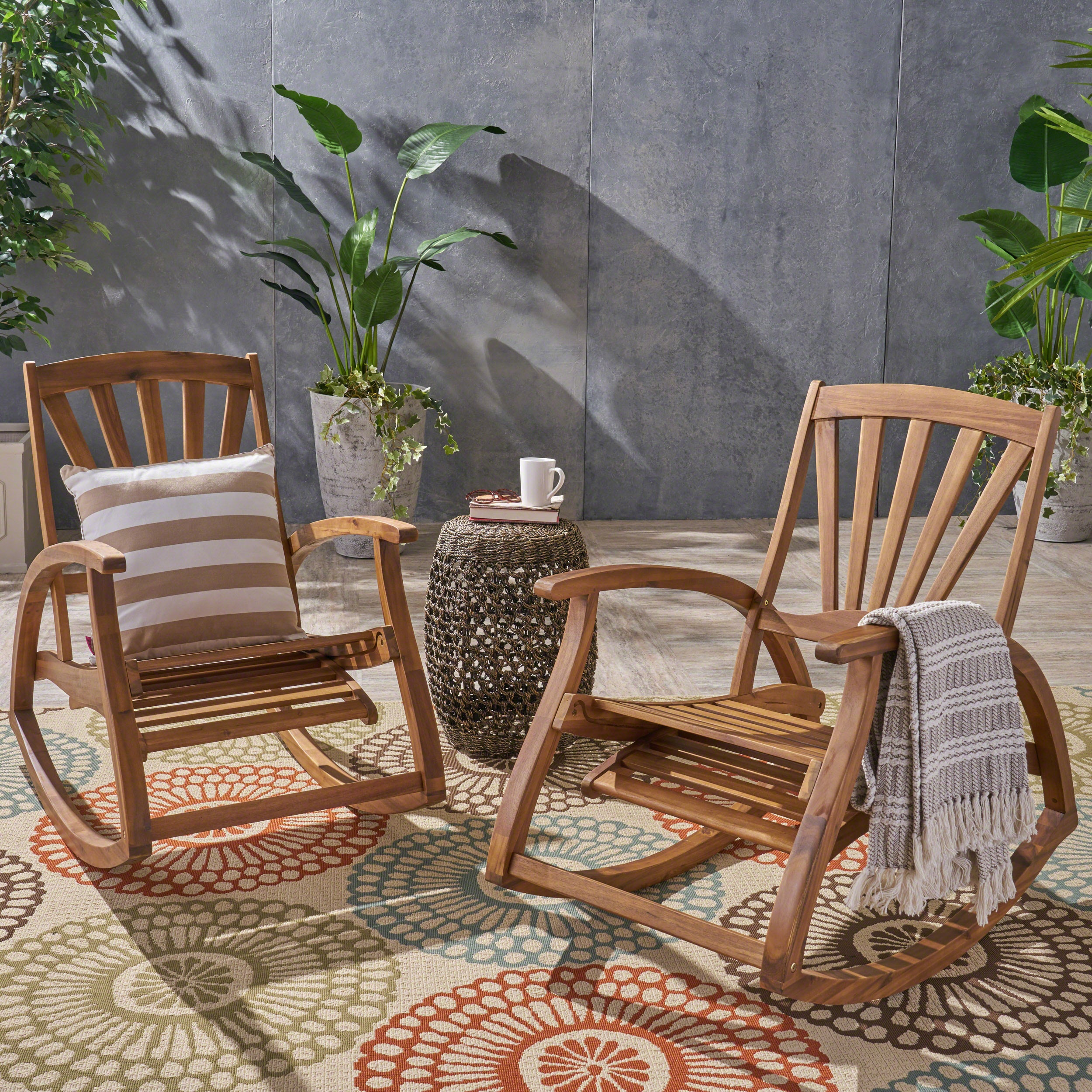 Lee Outdoor Rustic Acacia Wood Recliner Rocking Chairs Set of 2