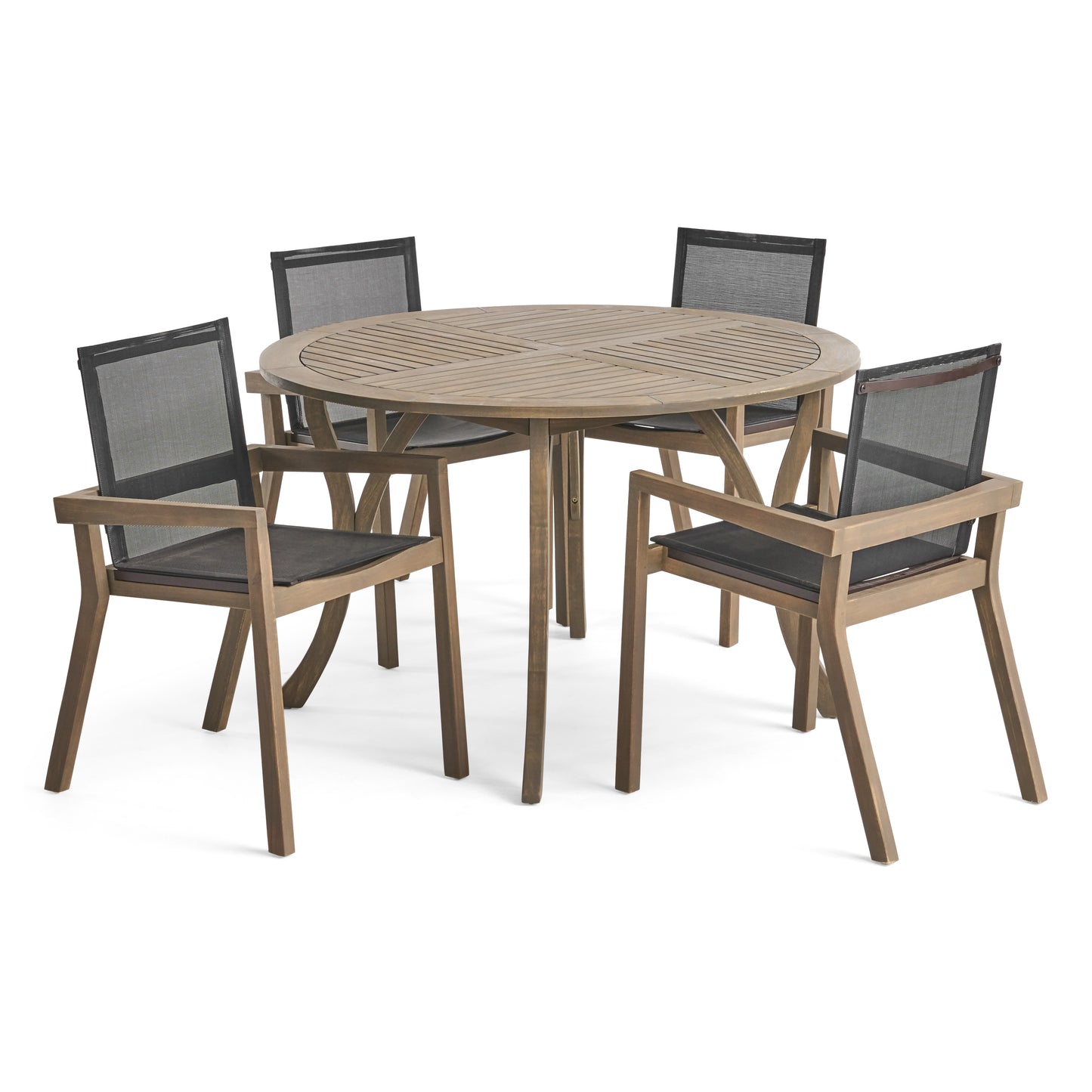 Spencer Outdoor Acacia Wood 5 Piece Round Dining Set with Mesh Seats