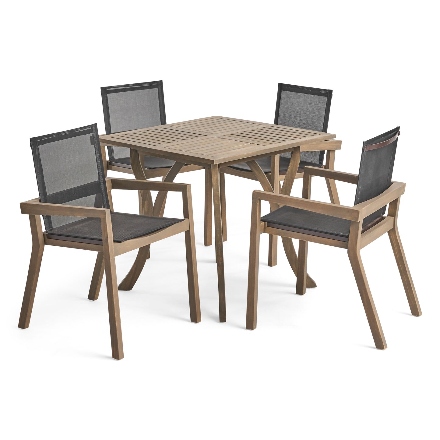 Ruiz Outdoor Acacia Wood 4 Seater Square Dining Set with Mesh Seats