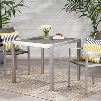 Louie Coral Outdoor Dining Table - Anodized Aluminum - Wicker Table Top - Square - Silver and Gray - 35-inch