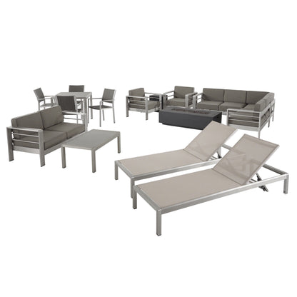 Cherie Outdoor Estate Collection with Fire Pit and Tempered Glass Top Dining Table