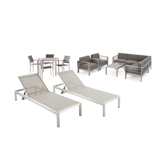 Crested Bay Outdoor Estate Collection - 4-Seat Dining Set, 3-Piece Sectional Sofa Set, 2 Club Chairs, 2 Chaise Lounges, Coffee Table - Aluminum - Faux Wood Table Top - Silver, Gray, Khaki