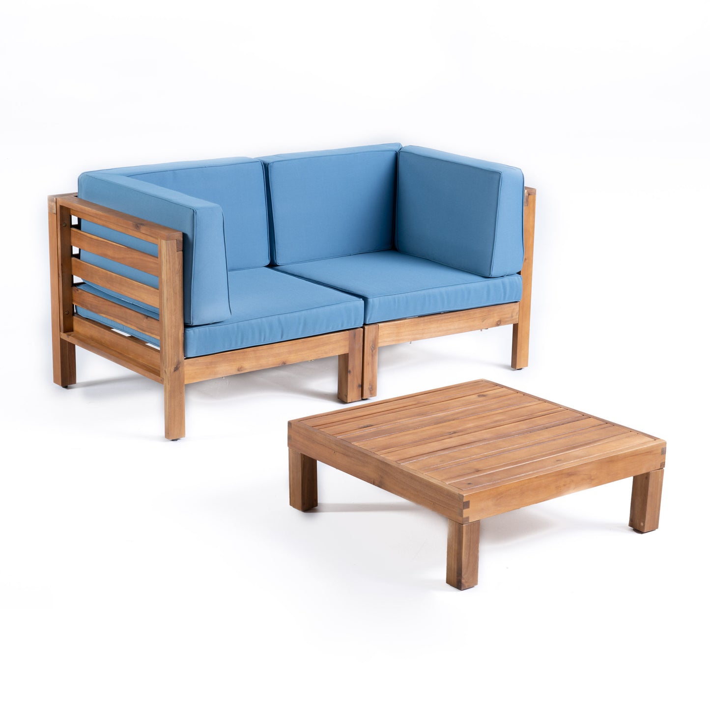 Dawson Outdoor Sectional Love Seat Set with Coffee Table - 3-Piece 2-Seater - Acacia Wood - Outdoor Cushions