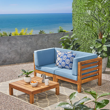 Dawson Outdoor Sectional Love Seat Set with Coffee Table - 3-Piece 2-Seater - Acacia Wood - Outdoor Cushions