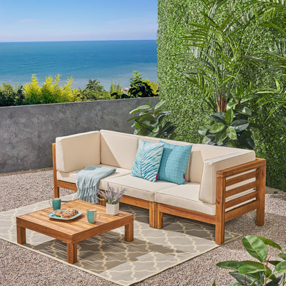 Dawson Outdoor Sectional Sofa Set with Coffee Table - 4-Piece 3-Seater - Acacia Wood - Outdoor Cushions