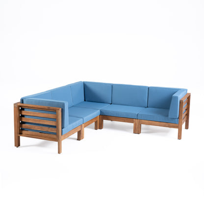 Dawson Outdoor V-Shaped Sectional Sofa Set - 5-Seater - Acacia Wood - Outdoor Cushions
