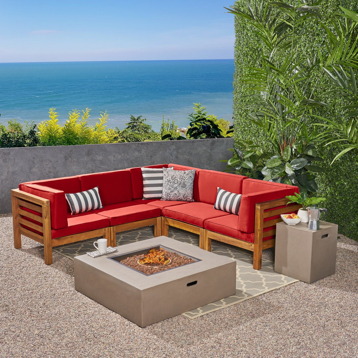 Ravello Outdoor V-Shaped Sectional Sofa Set with Fire Pit
