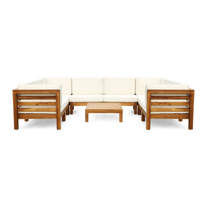 Dawson Outdoor U-Shaped Sectional Sofa Set with Coffee Table - 9-Piece 8-Seater - Acacia Wood - Outdoor Cushions