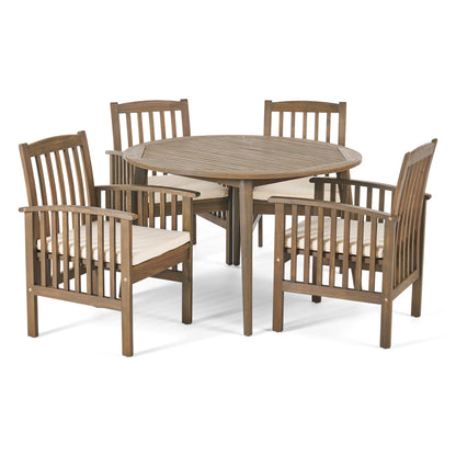 Phoenix Outdoor Acacia 4-Seater Dining Set with Cushions and 47" Round Table with Straight Legs