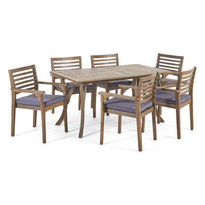 Phoenix Outdoor Acacia 6-Seater Dining Set with Cushions and 59" Rectangular Table with Carved Legs