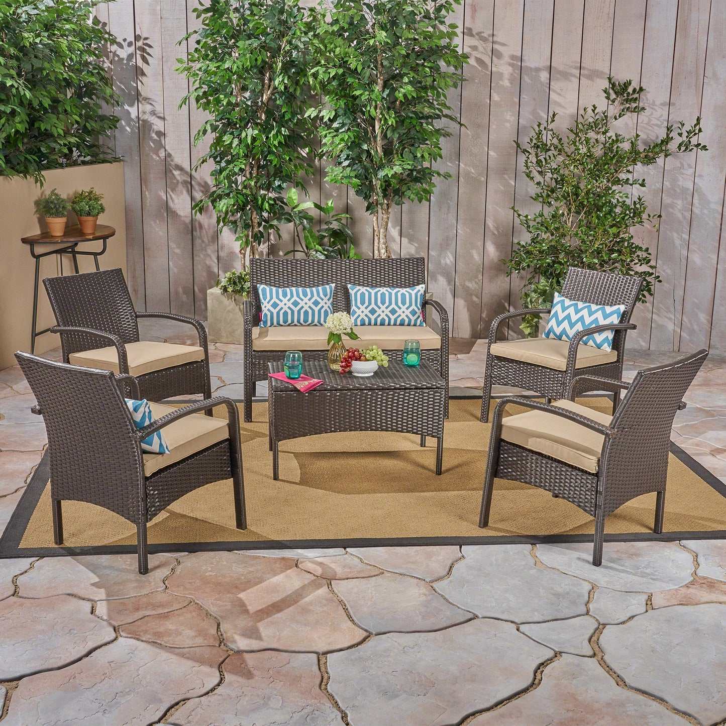 Mavis Patio Conversation Set, 6-Seater with Loveseat, Club Chairs, and Coffee Table, Brown Wicker with Tan Outdoor Cushions