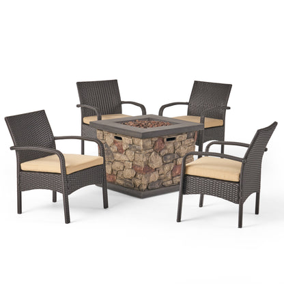 Mavis Patio Fire Pit Set, 4-Seater with Club Chairs, Wicker with Outdoor Cushions