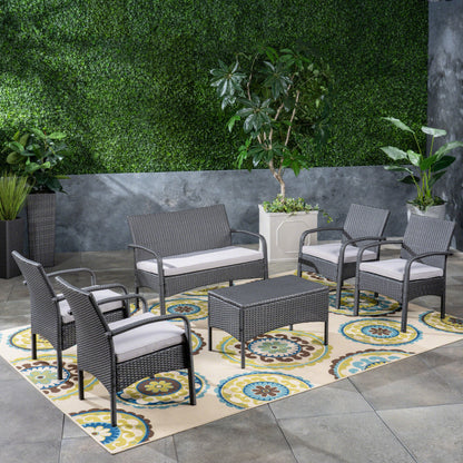 Mavis Patio Conversation Set, 6-Seater with Loveseat, Club Chairs, and Coffee Table, Gray Wicker with Light Gray Outdoor Cushions