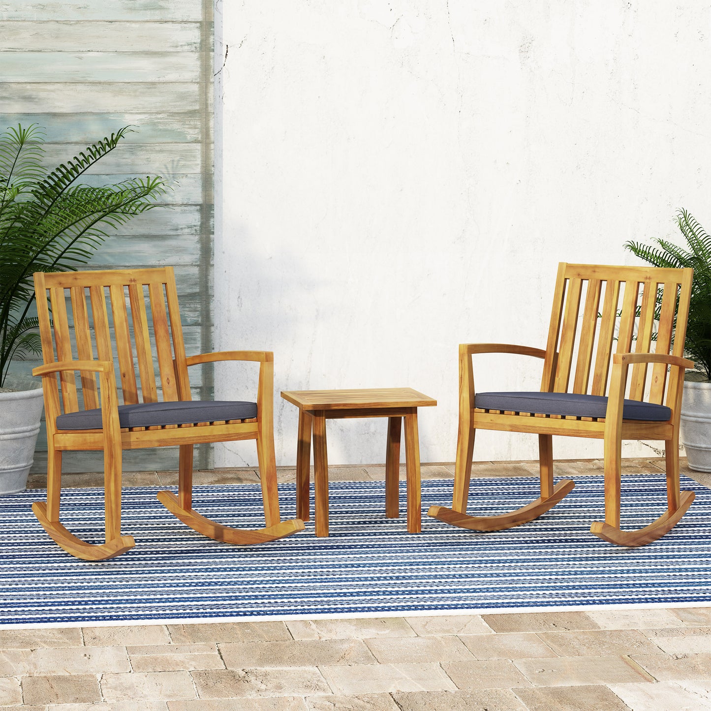 Yvonne Outdoor Acacia Wood Rocking Chair Chat Set