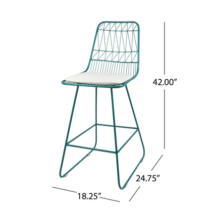 Hedy Outdoor Wire Counter Stools with Cushions (Set of 2), Teal and Ivory