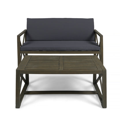 Hazel Outdoor Acacia Wood Loveseat with Coffee Table Set with Cushions