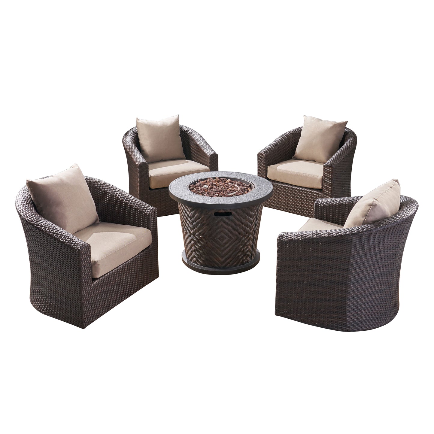 Liyam Outdoor 4 Piece Wicker Swivel Chair Set with Fire Pit, Multi Brown and Brown
