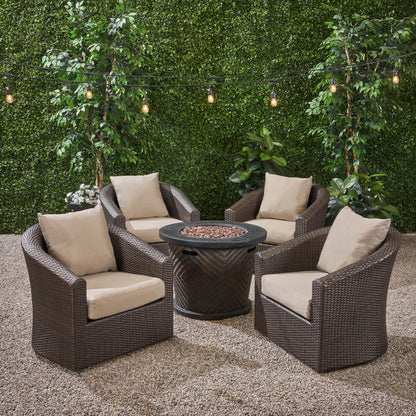 Liyam Outdoor 4 Piece Wicker Swivel Chair Set with Fire Pit, Multi Brown and Brown
