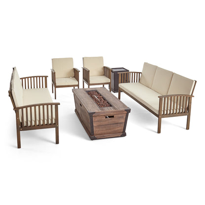 Beckley Outdoor 4 Piece Acacia Wood Conversational Sofa Set with Cushions and Fire Pit