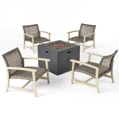 Carry Outdoor 5 Piece Wood and Wicker Club Chairs and Fire Pit Set