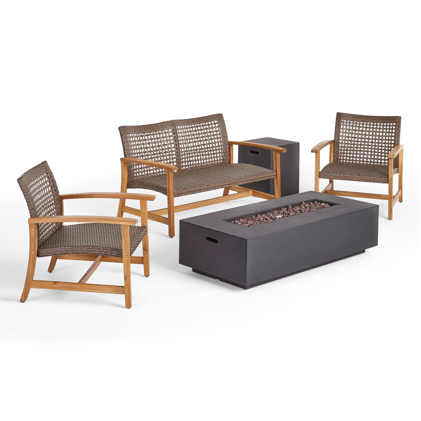 Tabby Outdoor 5 Piece Wood and Wicker Chat Set with Fire Pit