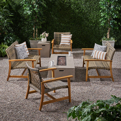 Tabby Outdoor 6 Seater Wood and Wicker Chat Set with Fire Pit