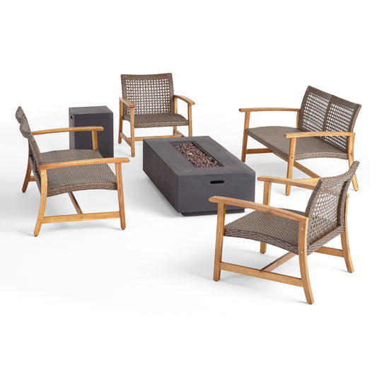 Tabby Outdoor 6 Piece Wood and Wicker Chat Set with Fire Pit