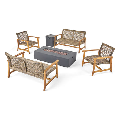 Tabby Outdoor 6 Seater Wood and Wicker Chat Set with Fire Pit