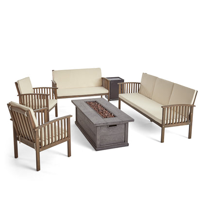Jean Outdoor 6 Piece Acacia Wood Sofa and Loveseat Conversational Set with Fire Pit