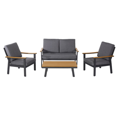 Mathias Outdoor 4 Piece Aluminum and Faux Wood Chat Set with Cushions