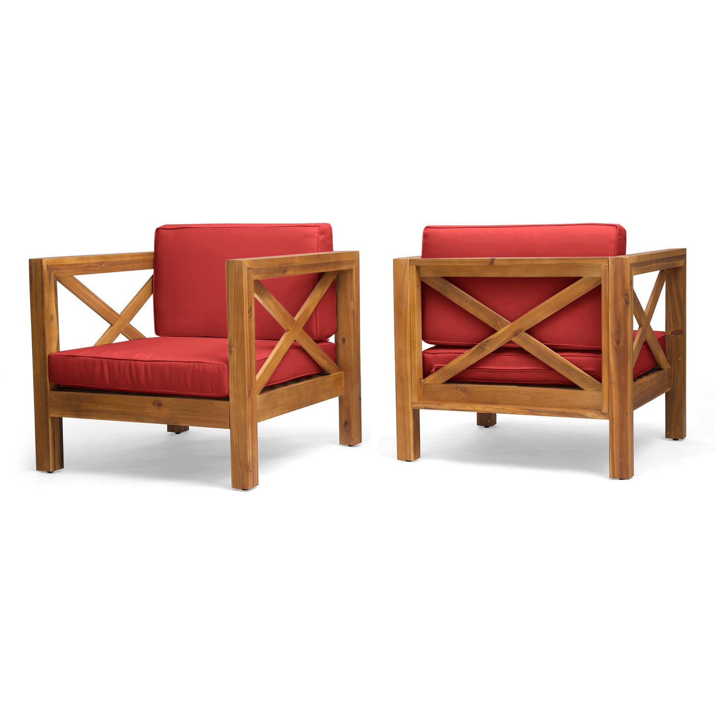 Indira Outdoor Acacia Wood Club Chairs with Cushions (Set of 2)