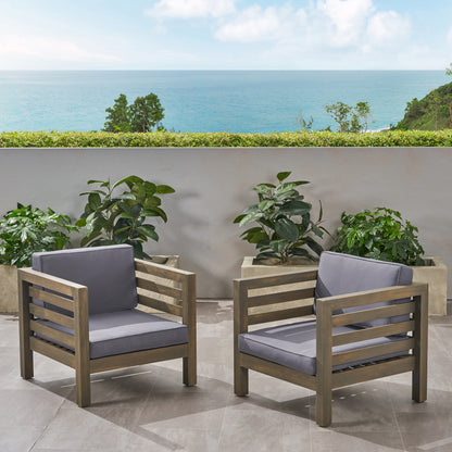 Louise Outdoor Acacia Wood Club Chairs with Cushions (Set of 2)