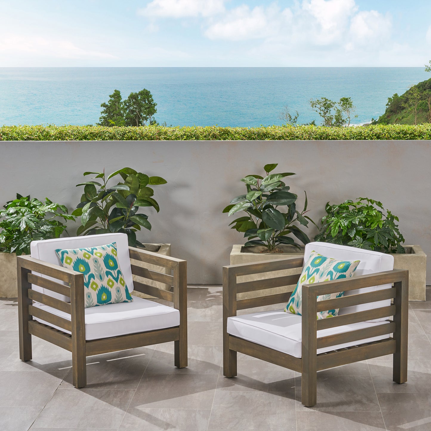 Louise Outdoor Acacia Wood Club Chairs with Cushions (Set of 2)