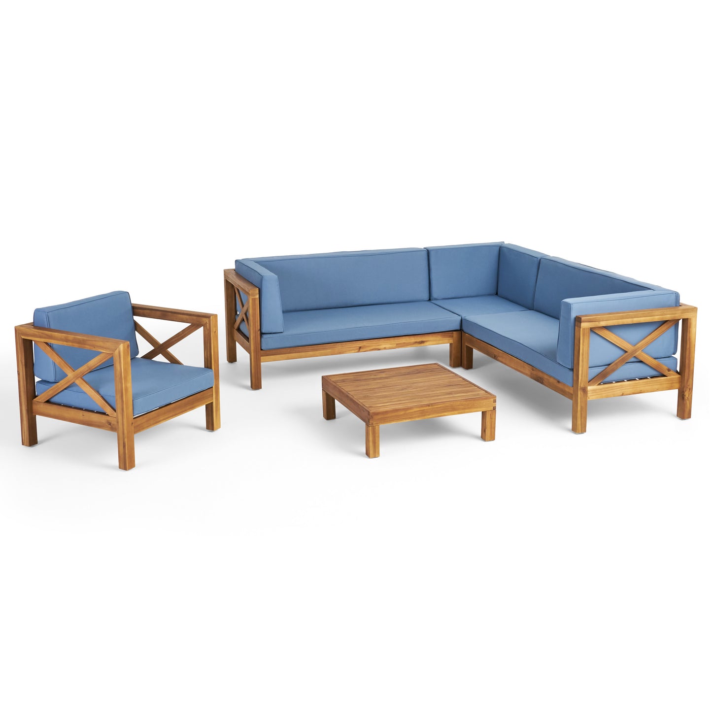 Morgan Outdoor 6 Seater Acacia Wood Sectional Sofa and Club Chair Set
