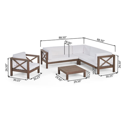 Morgan Outdoor 6 Seater Acacia Wood Sectional Sofa and Club Chair Set