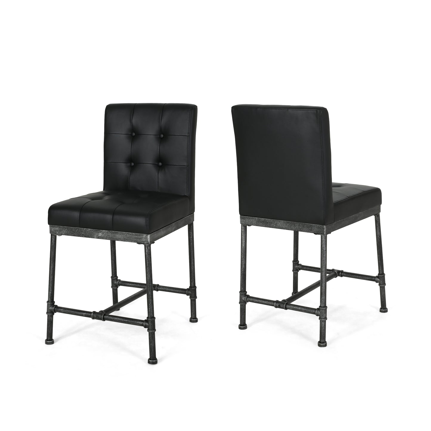 Savannah Industrial Modern 24" Counter Stool with Faux Leather Backing and Metal Pipe Base (Set of 2)