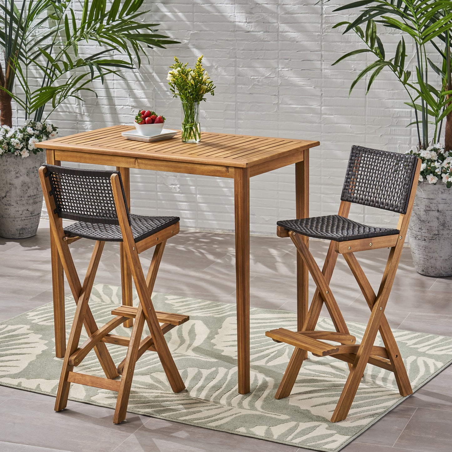 Elizabeth Outdoor 45" Rectangular 3 Piece Wood and Wicker Bar Height Set