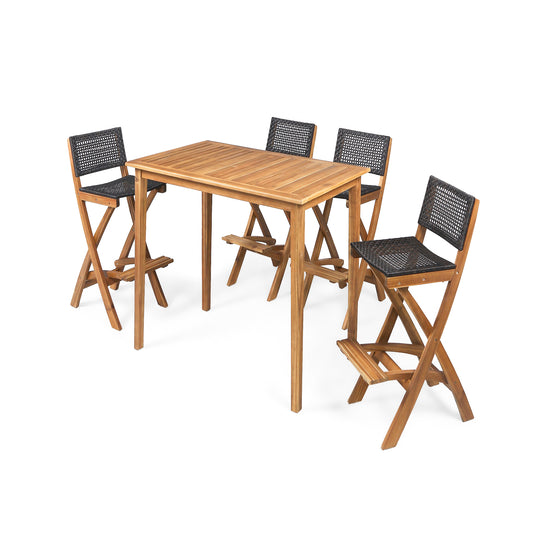 Elizabeth Outdoor 45" Rectangular 5 Piece Wood and Wicker Bar Height Set