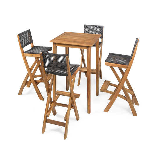 Elizabeth Outdoor 26" Square 5 Piece Wood and Wicker Bar Height Set