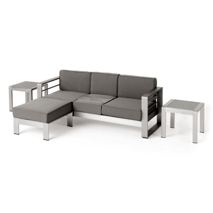 Stacy Outdoor 3 Seater Aluminum Sofa and Ottoman Set with Side Tables