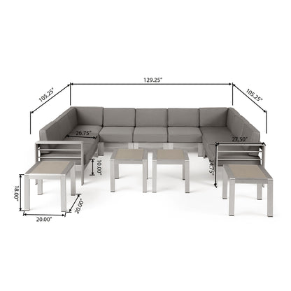 Cherie Outdoor 9 Seater Aluminum Sectional Sofa Set with Side Tables