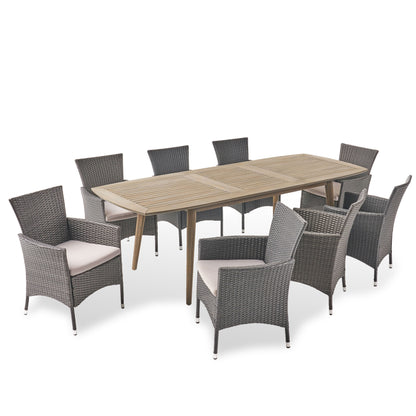 Stefan Outdoor Wood and Wicker Expandable 8 Seater Dining Set