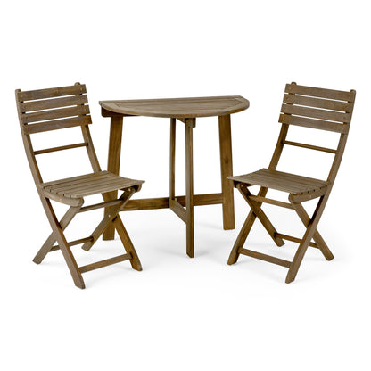 Sophia Outdoor 2 Seater Half-Round Acacia Wood Bistro Table Set with Folding Chairs